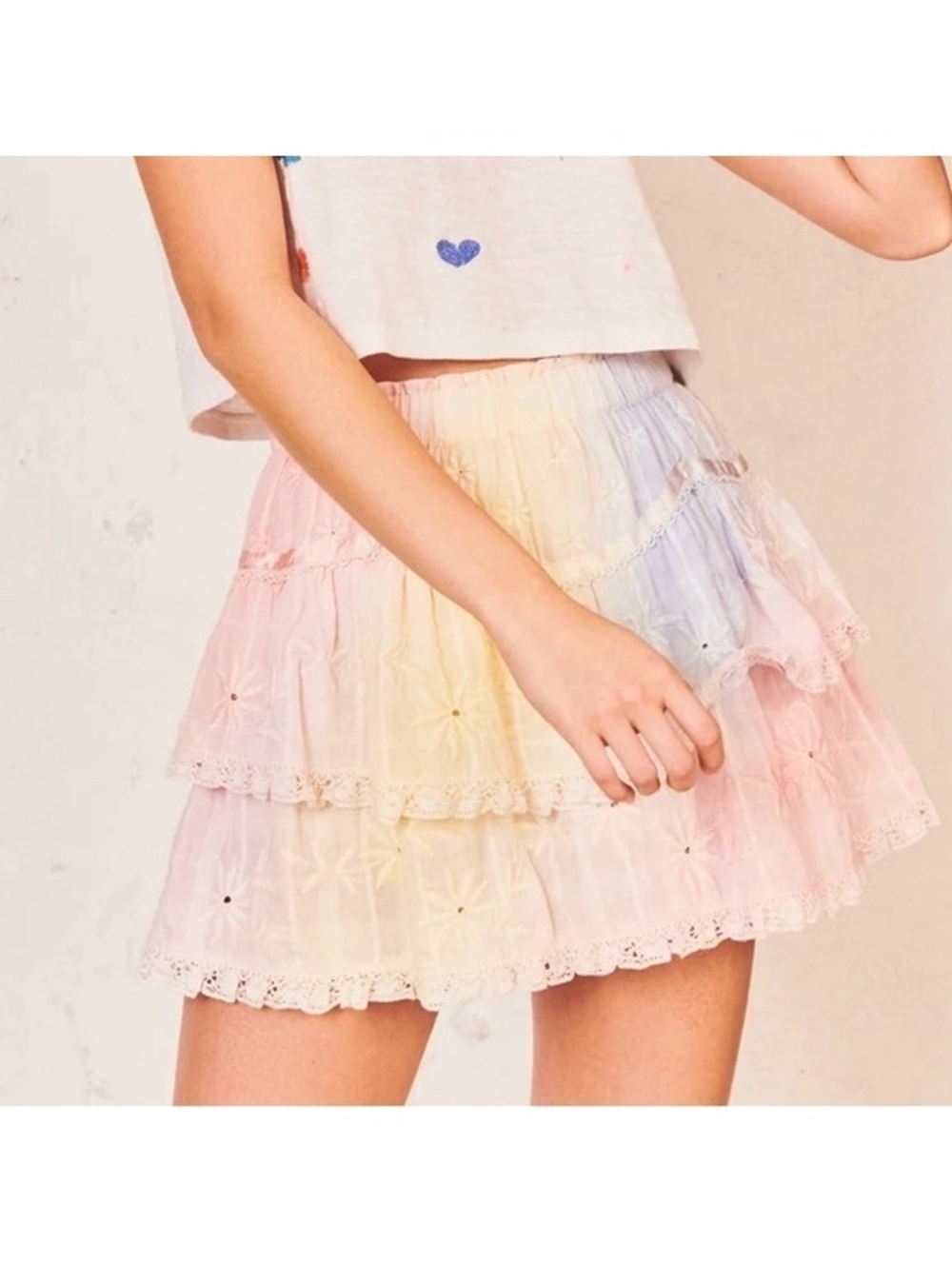 LoveShackFancy Pastel Floral Embroidered Tiered Mini Skirt XS Cottagecore